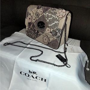 COACH Tea Rose Chain Clutch In Leather & Snakeskin NEW